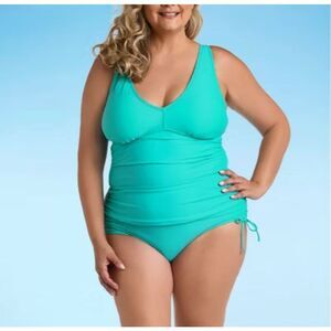 NWT Sonnet Shores Turquoise Tankini Size 16W XL Ruched Hi Waisted Bottoms